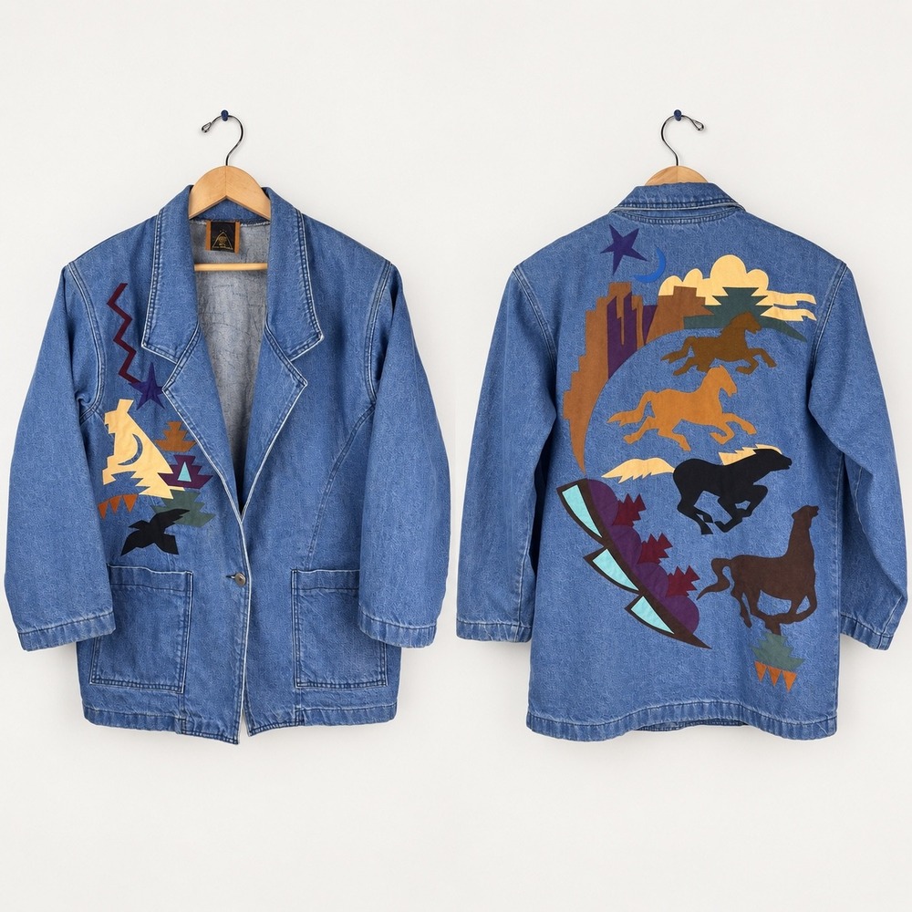 Vintage Sacred Mountain Studio Denim Jacket Southwest Horse Applique USA Large